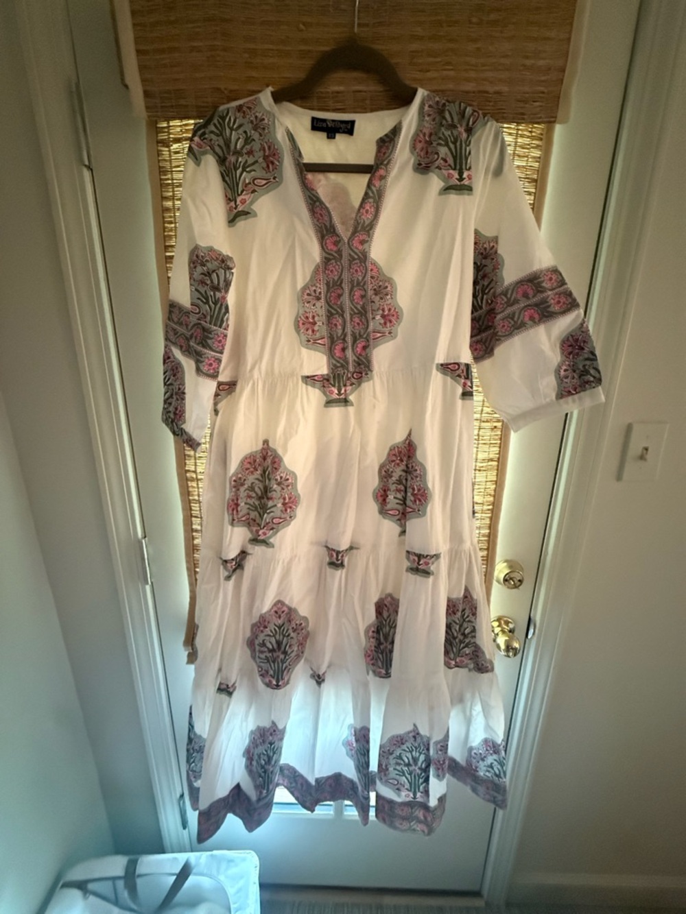 Liza Byrd White Embroidered Tiered Cotton Dress with Pink & Green Motif